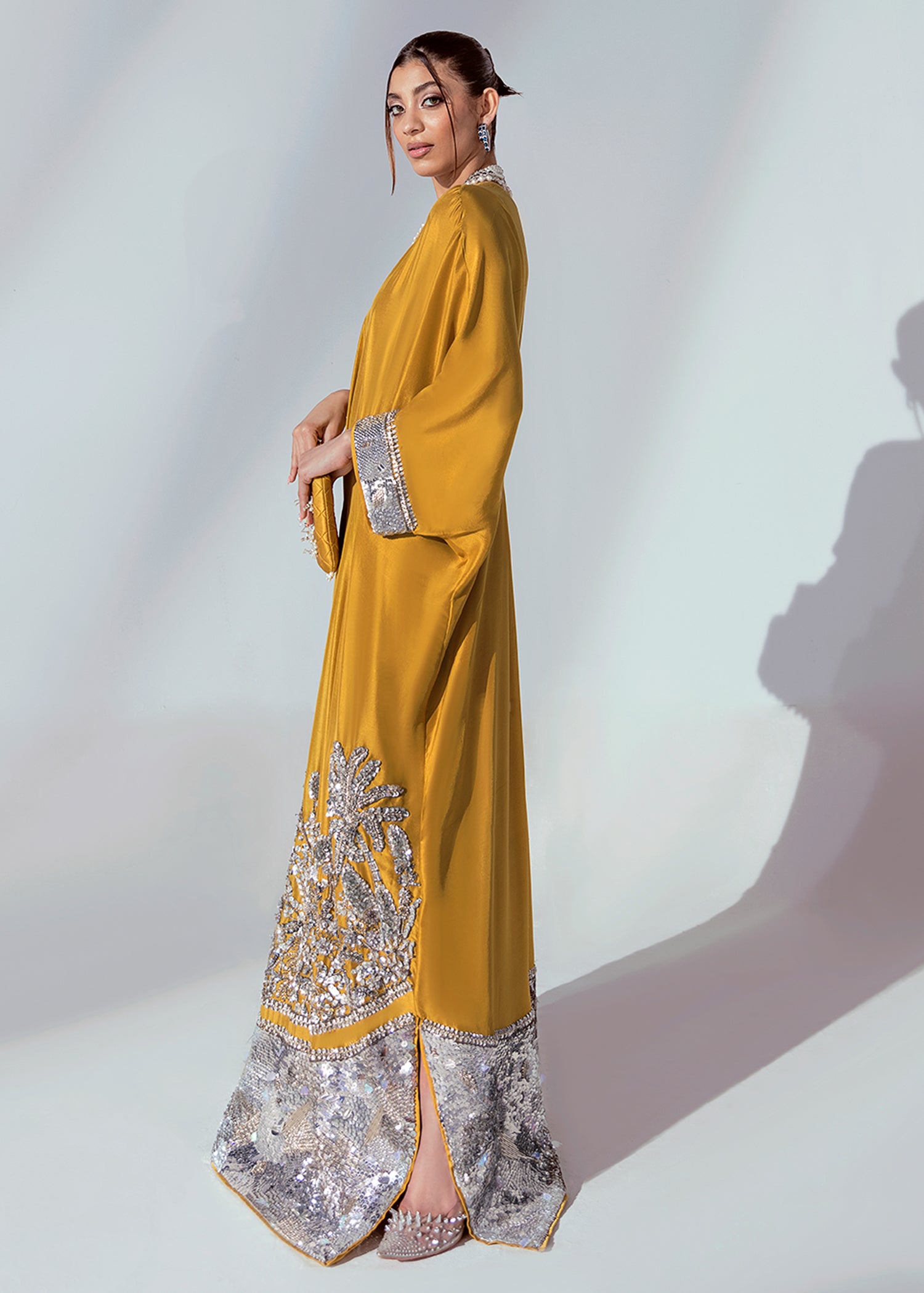 Pakistani Mustard Hand-Embellished Raw Silk Kaftan (1-Pc) - Image 5