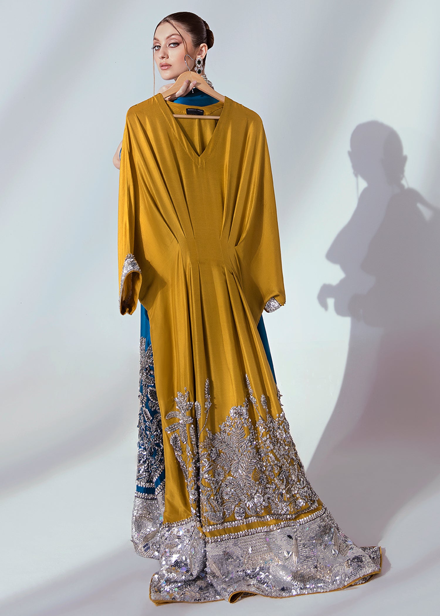 Pakistani Mustard Hand-Embellished Raw Silk Kaftan (1-Pc) - Image 6