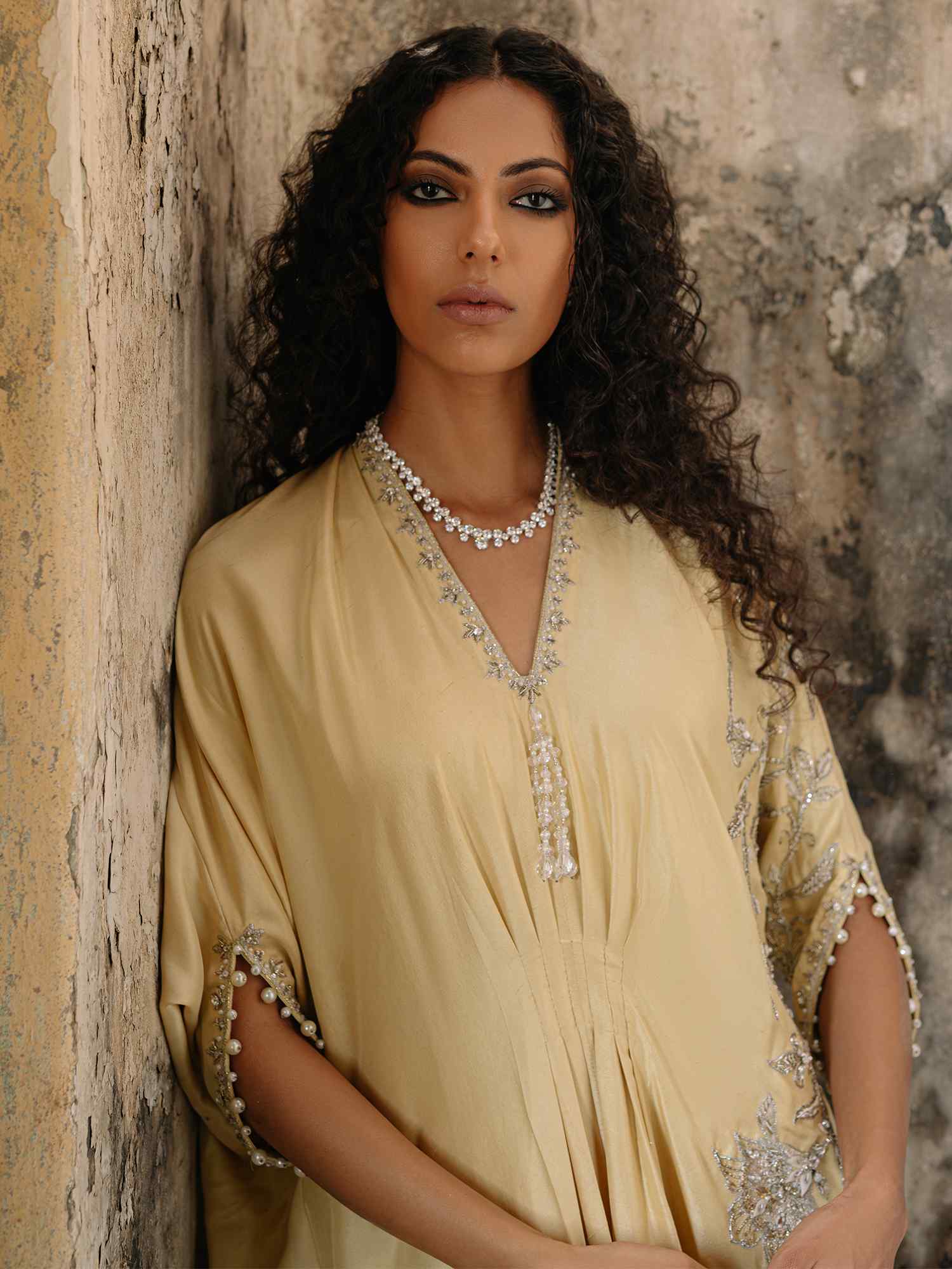 Yellow Zardozi Embroidered Raw Silk Kaftan (1-Pc) - Image 2