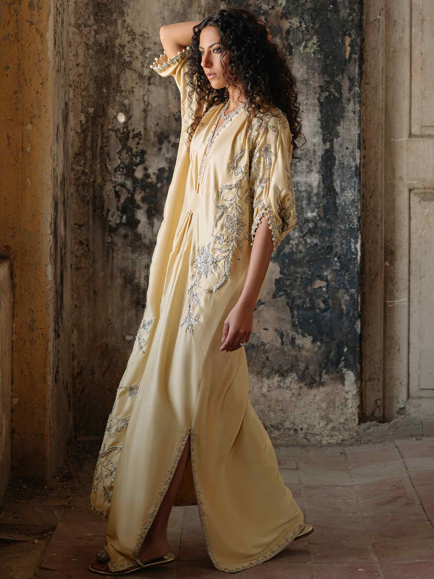Yellow Zardozi Embroidered Raw Silk Kaftan (1-Pc) - Image 3