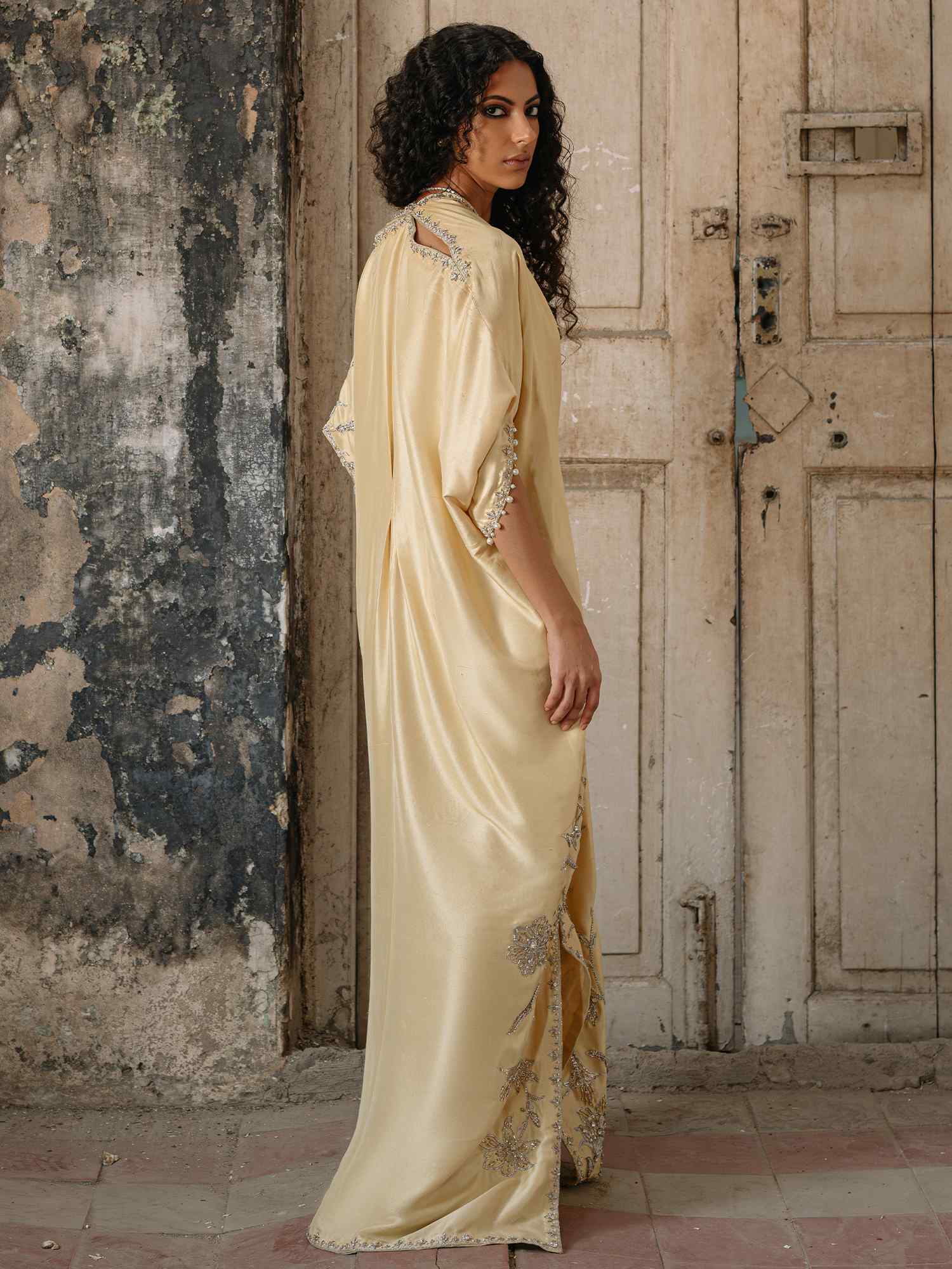 Yellow Zardozi Embroidered Raw Silk Kaftan (1-Pc) - Image 4