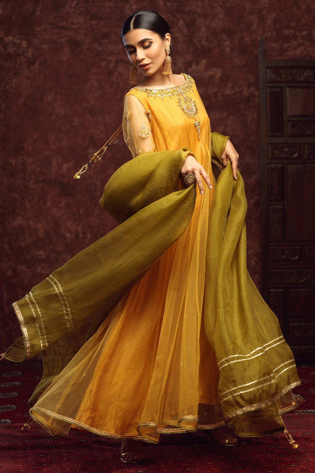 Sun Yellow Embellished Net Kalidaar Dress (3-Piece) - Image 2