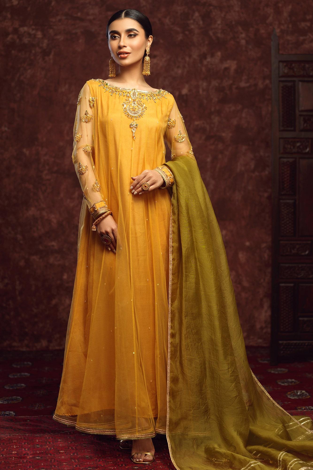 Sun Yellow Embellished Net Kalidaar Dress (3-Piece) - Image 3