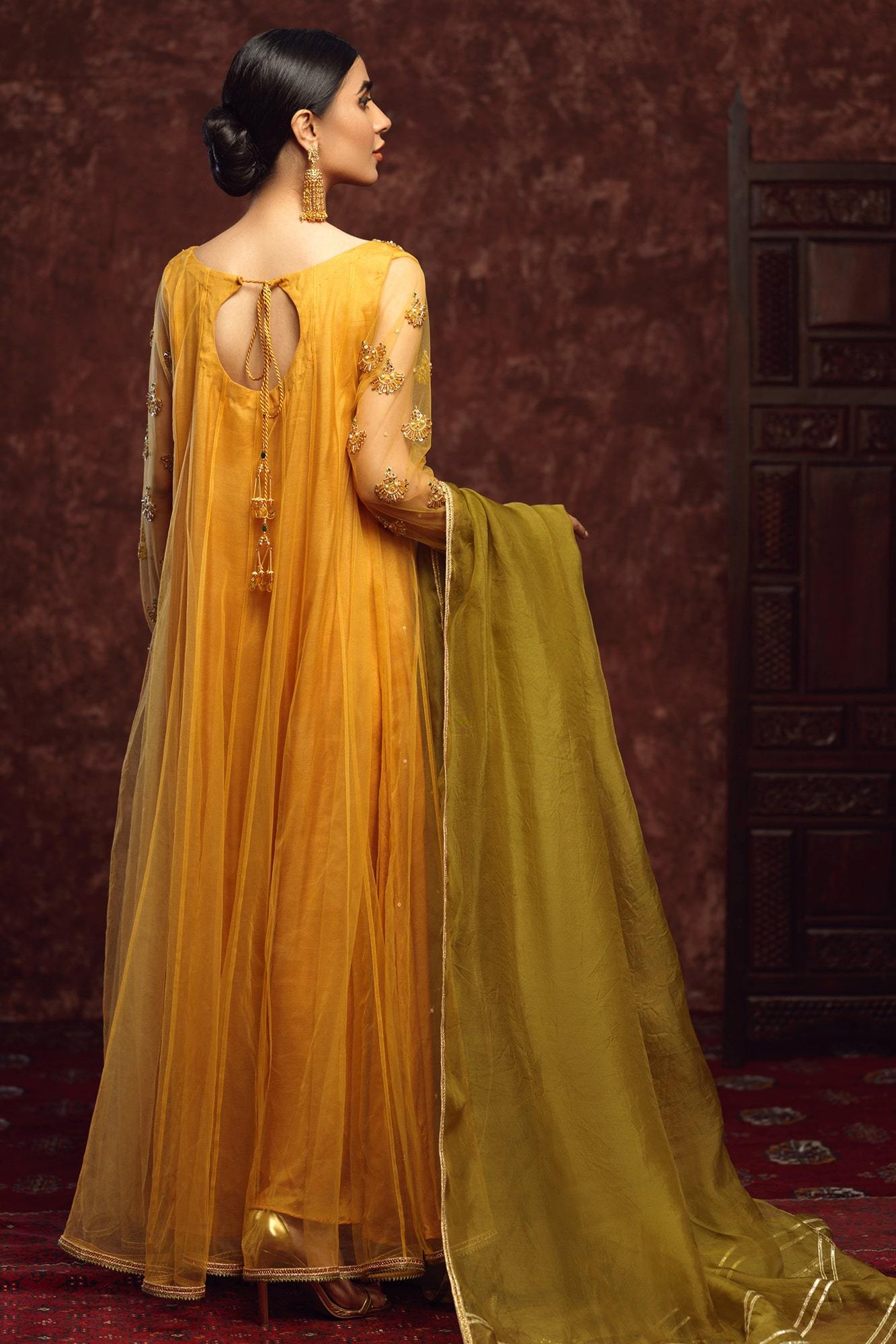 Sun Yellow Embellished Net Kalidaar Dress (3-Piece) - Image 4