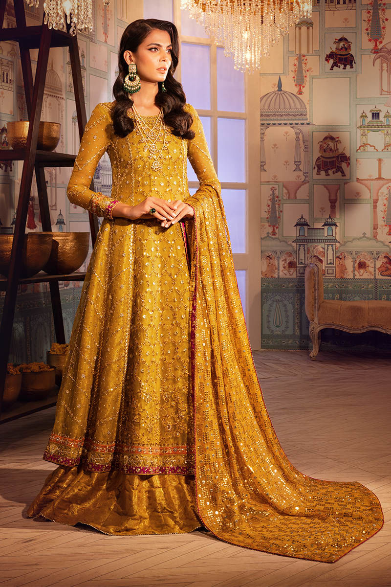 Pakistani Mustard Zardozi Organza Net Kalidaar (3-Piece) - Image 1