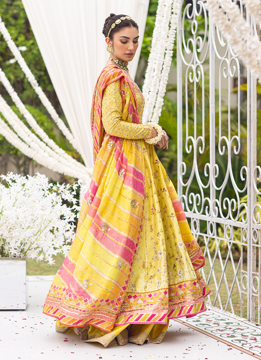 Pakistani Lemon Ombre Hand Embellished Silk-Blend Kalidaar (2-Piece) - Image 3