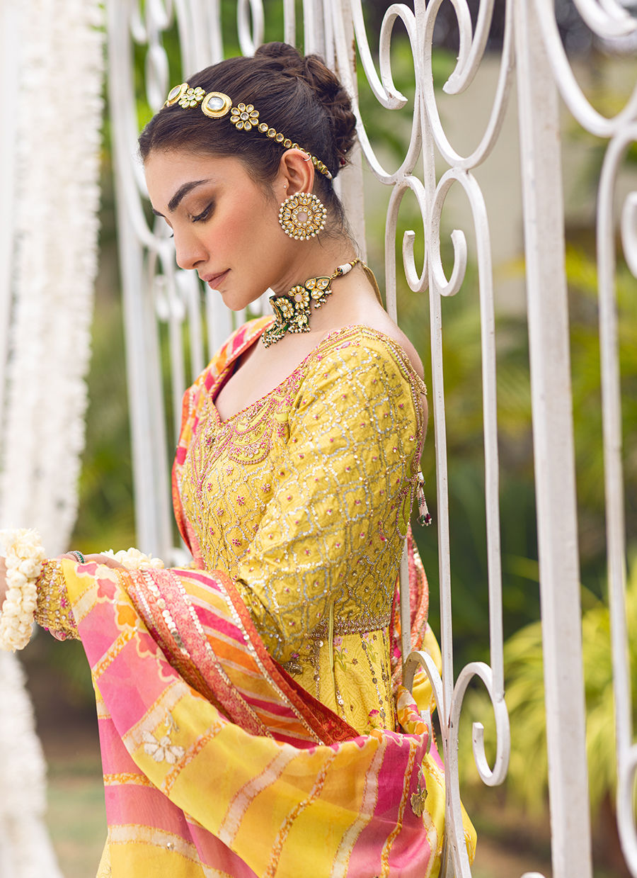 Pakistani Lemon Ombre Hand Embellished Silk-Blend Kalidaar (2-Piece) - Image 5