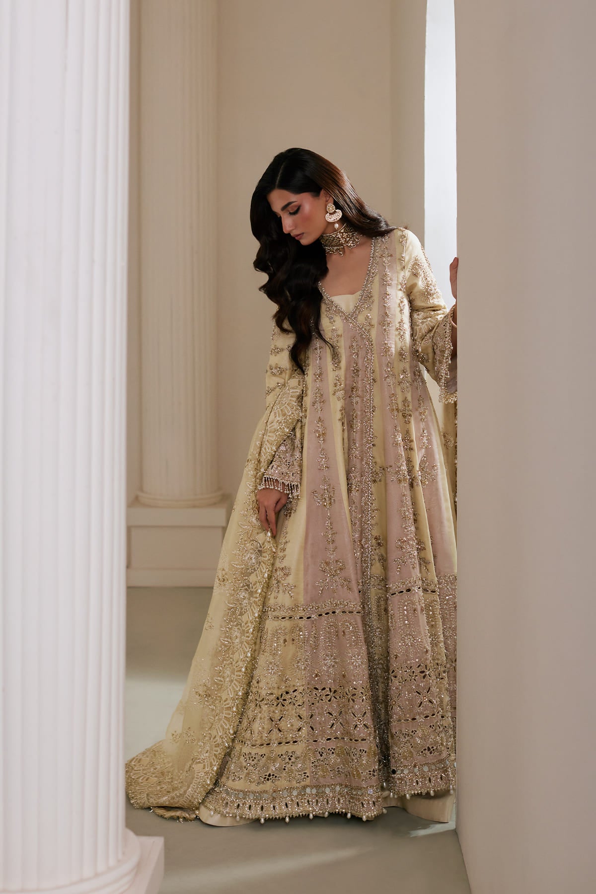 Butter Yellow & Pink Hand-Embellished Silk Kalidaar (3-Piece) - Image 2