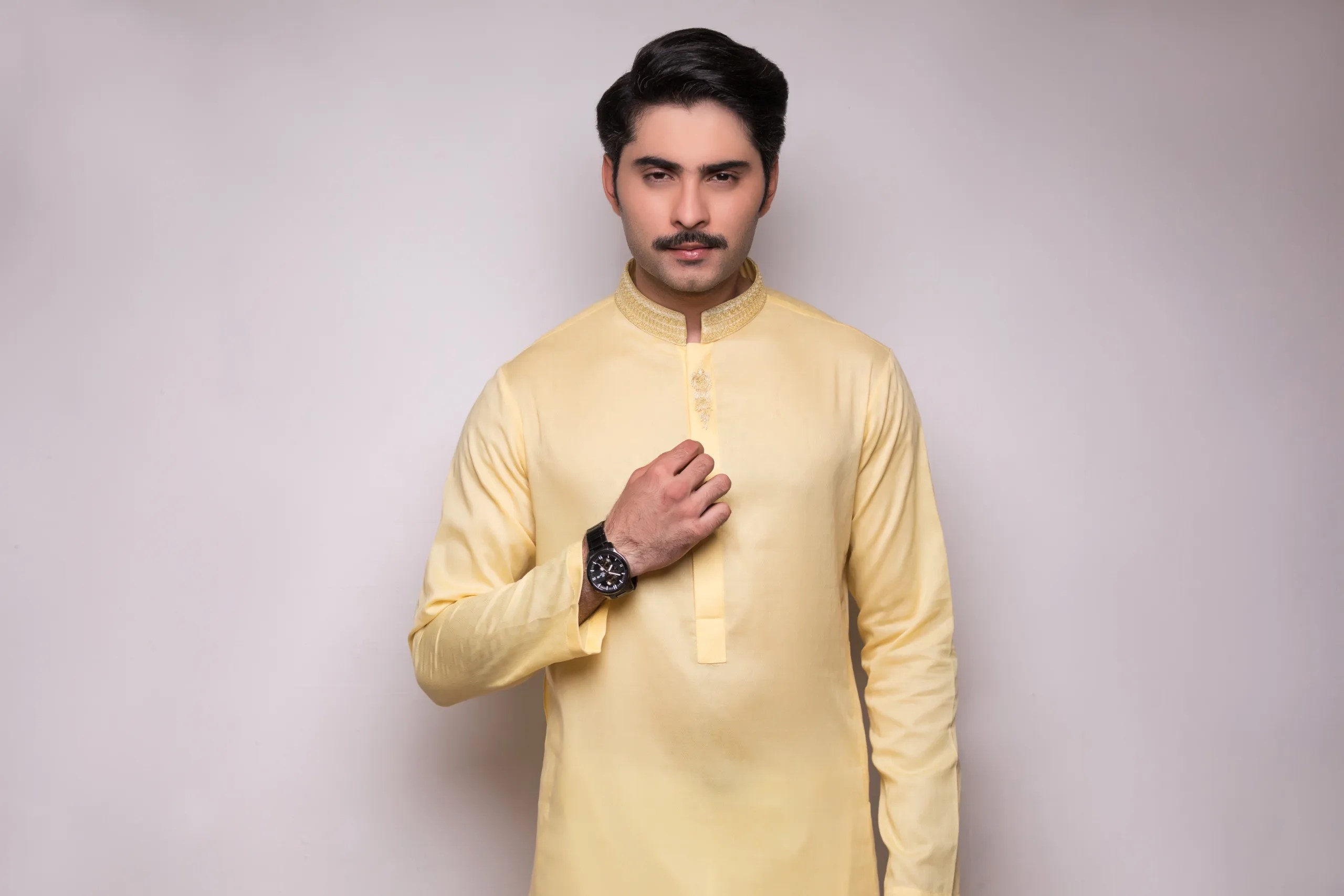 Soft Yellow Embroidered Cotton Kurta Pajama (2-Piece) - Image 1