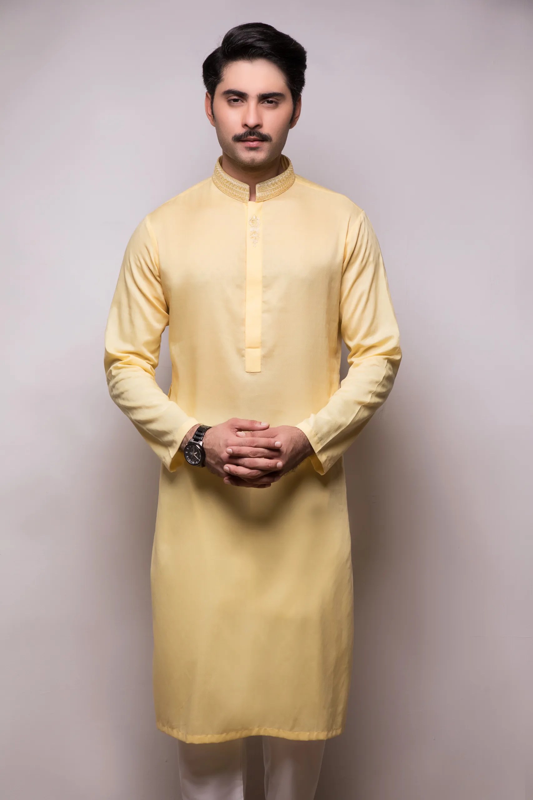Soft Yellow Embroidered Cotton Kurta Pajama (2-Piece) - Image 2