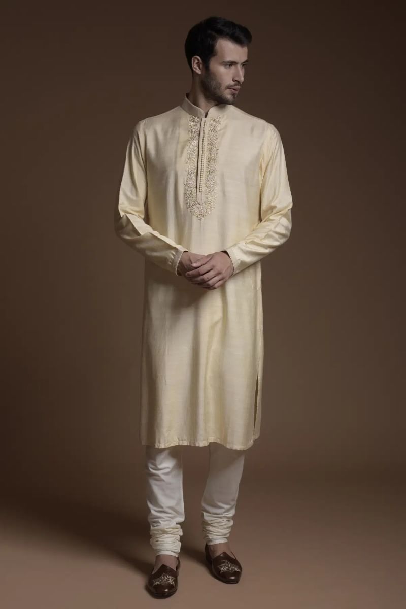 Pastel Yellow Resham Embroidered Silk Kurta Pajama (2-Piece) - Image 1