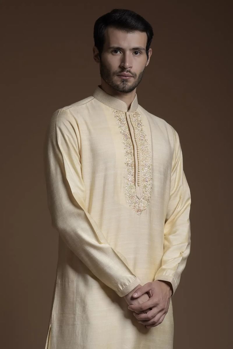 Pastel Yellow Resham Embroidered Silk Kurta Pajama (2-Piece) - Image 2