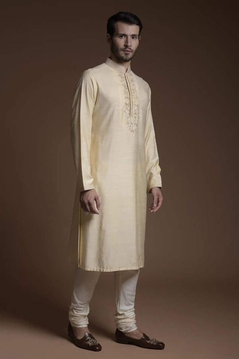 Pastel Yellow Resham Embroidered Silk Kurta Pajama (2-Piece) - Image 3