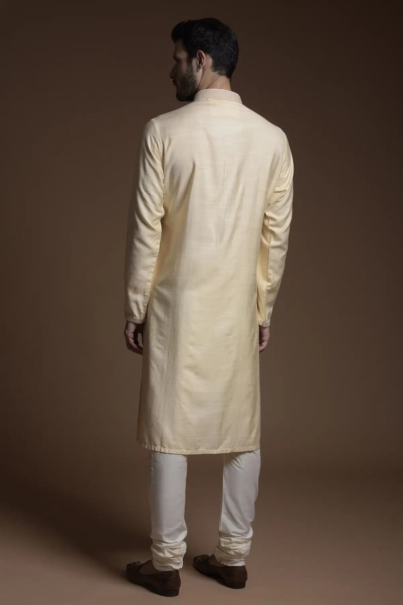 Pastel Yellow Resham Embroidered Silk Kurta Pajama (2-Piece) - Image 4