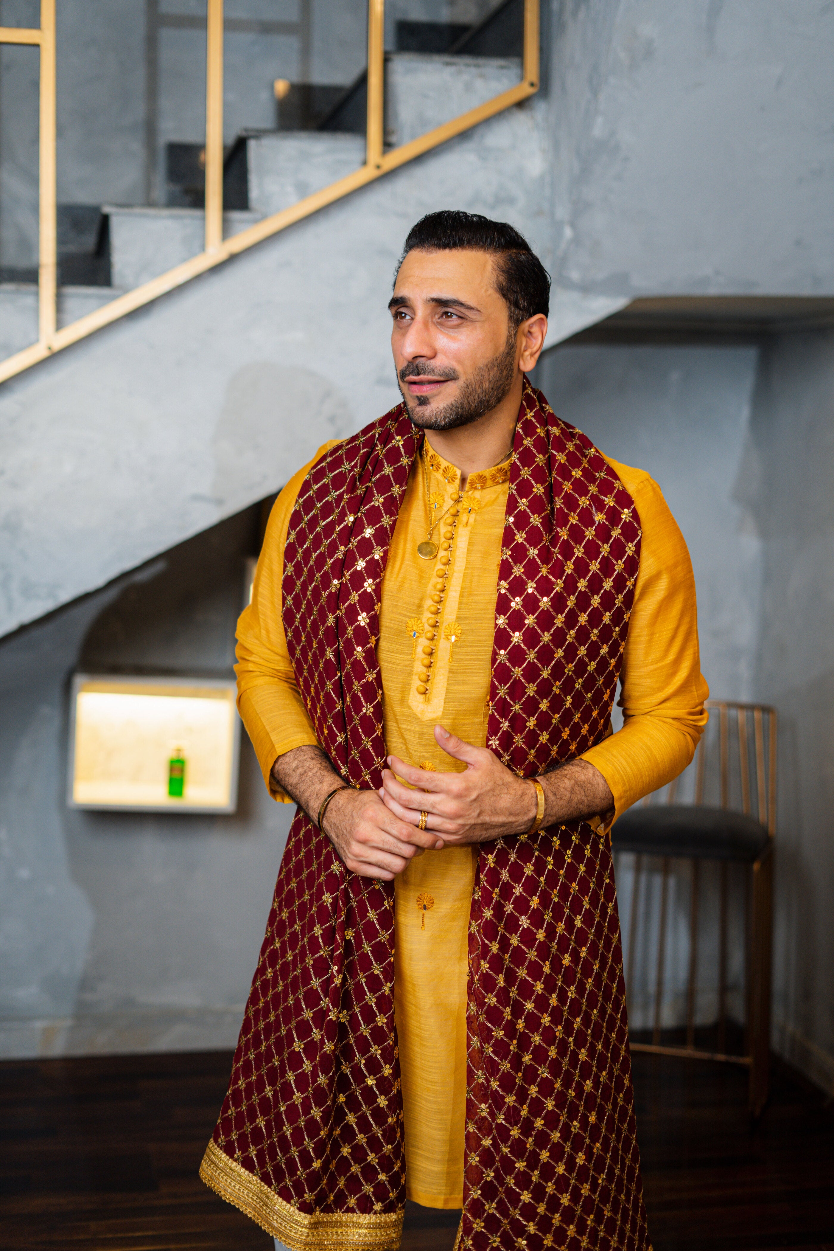 Mustard Embroidered Silk-Blend Kurta Pajama (2-Piece) - Image 3