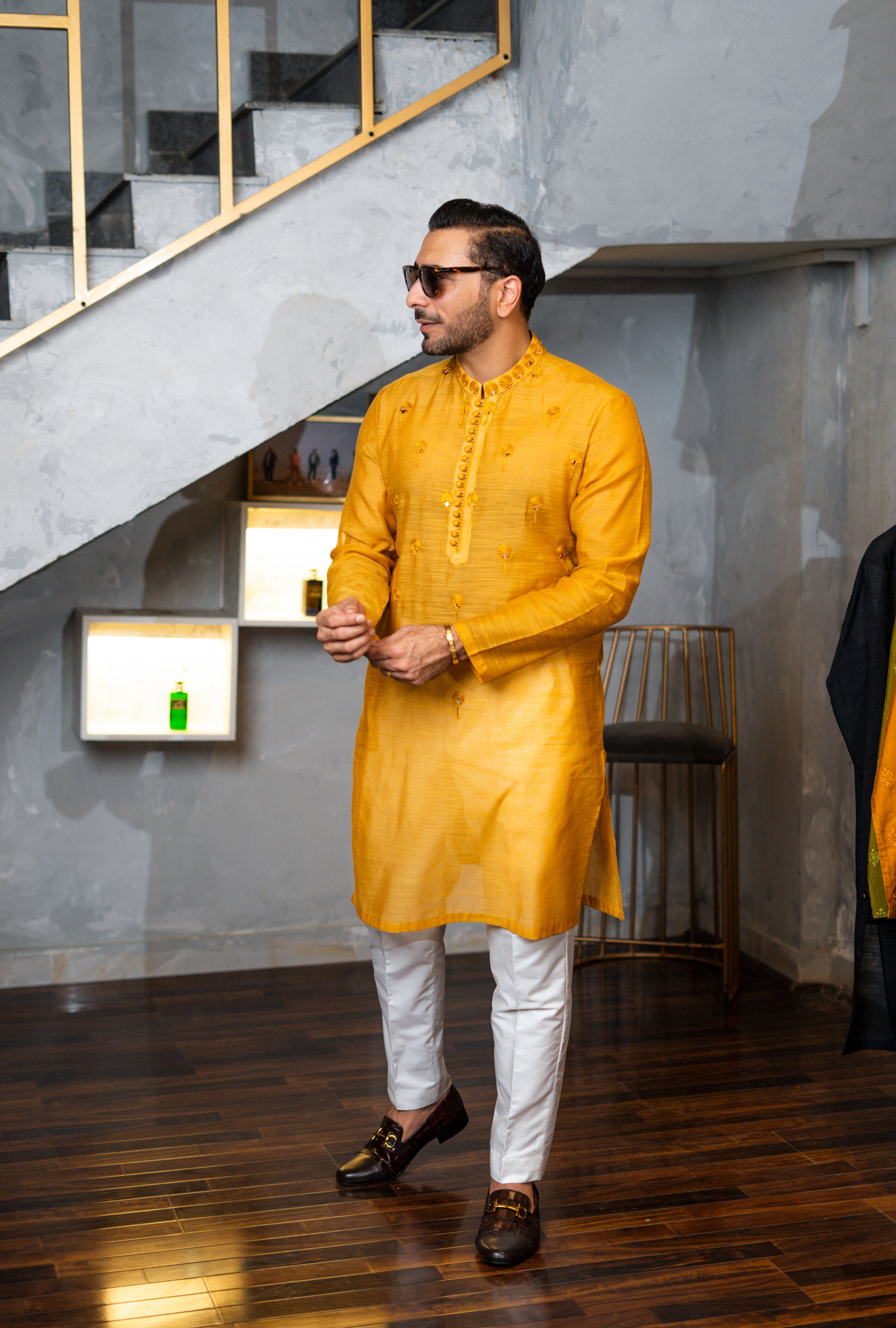Mustard Embroidered Silk-Blend Kurta Pajama (2-Piece) - Image 5