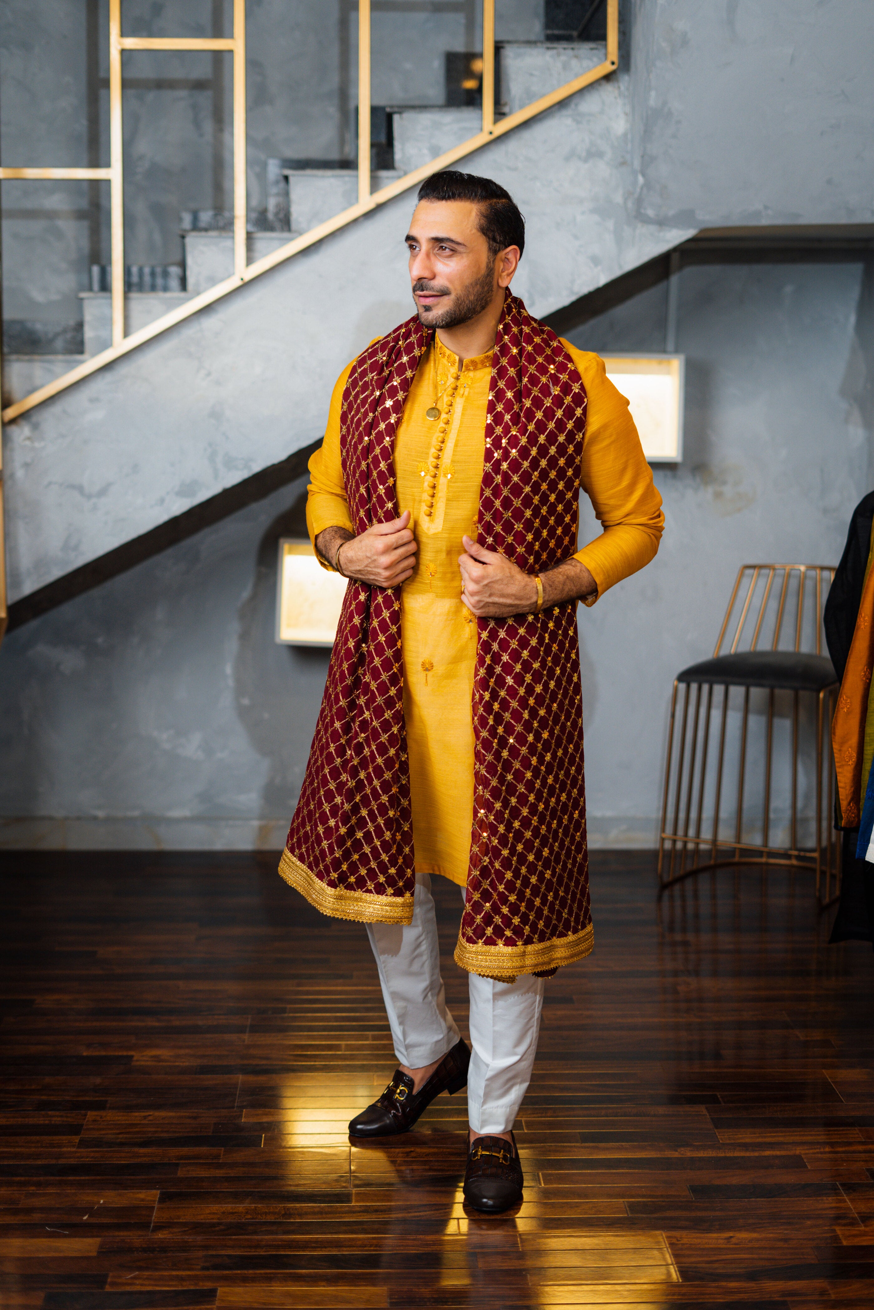 Mustard Embroidered Silk-Blend Kurta Pajama (2-Piece) - Image 7