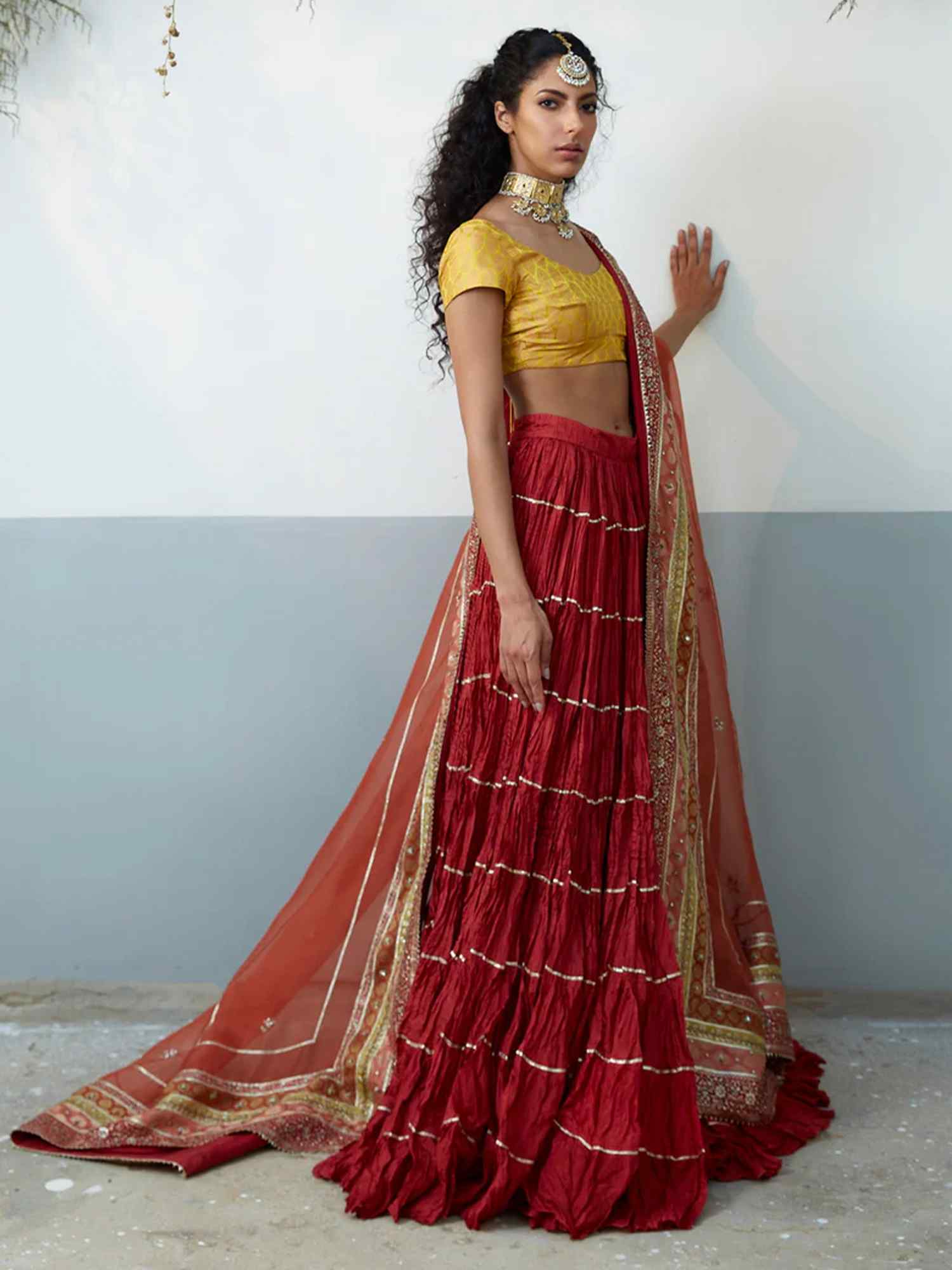 Pakistani Yellow Brocade Choli & Red Crushed Silk Lehenga (3-Piece) - Image 1