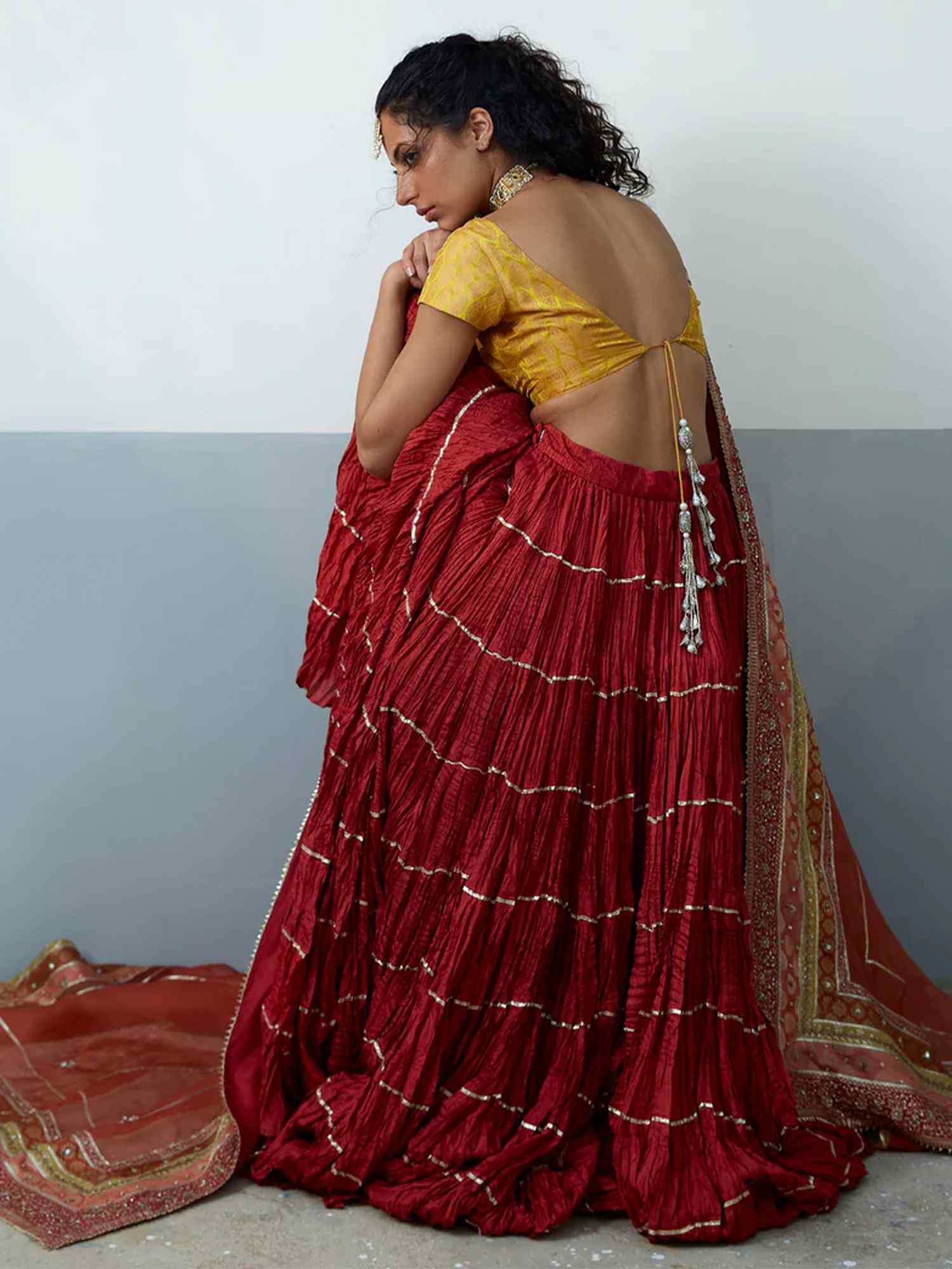 Pakistani Yellow Brocade Choli & Red Crushed Silk Lehenga (3-Piece) - Image 2