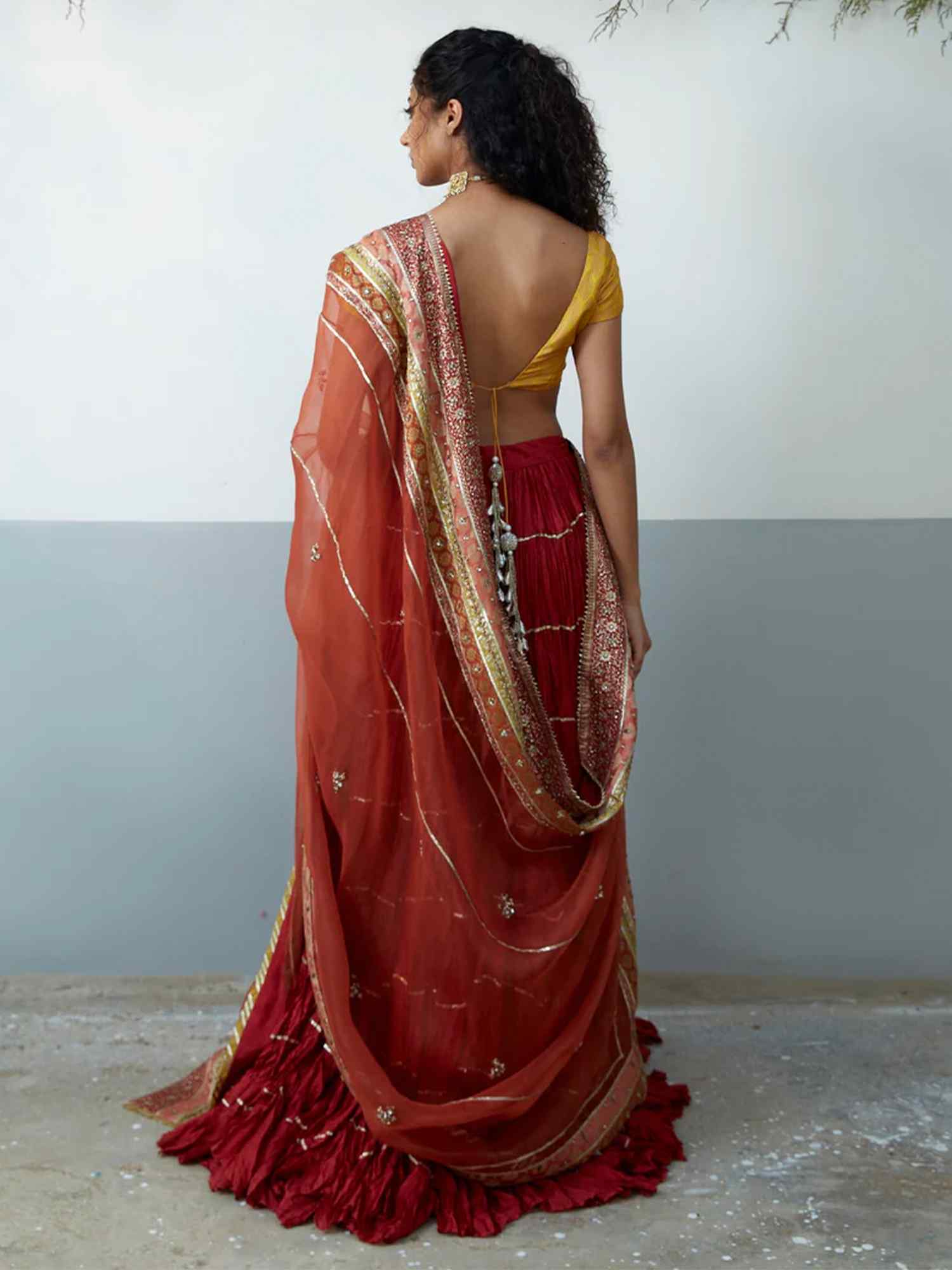 Pakistani Yellow Brocade Choli & Red Crushed Silk Lehenga (3-Piece) - Image 3