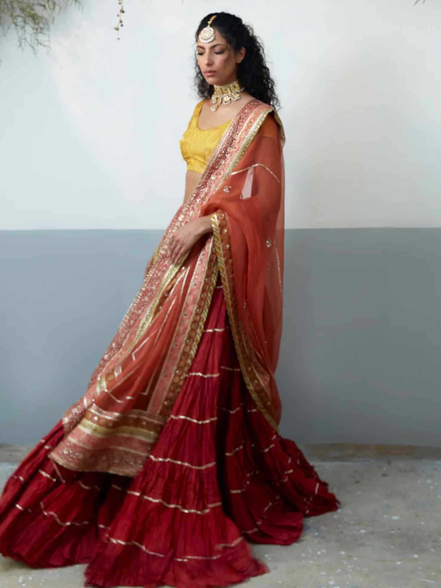 Pakistani Yellow Brocade Choli & Red Crushed Silk Lehenga (3-Piece) - Image 4