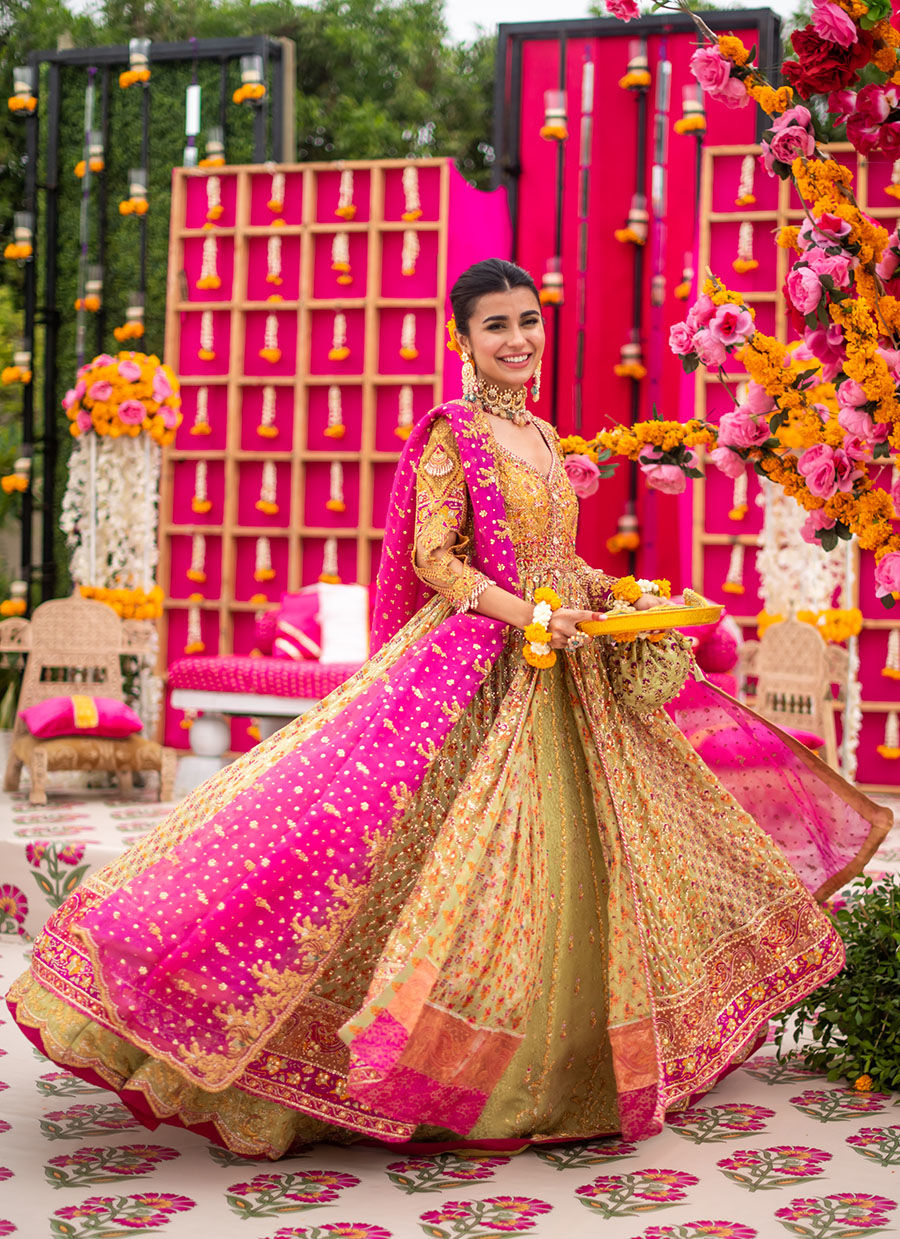 Yellow Zardozi Charmeuse Silk Kalidaar Lehenga (3-Piece) - Image 2