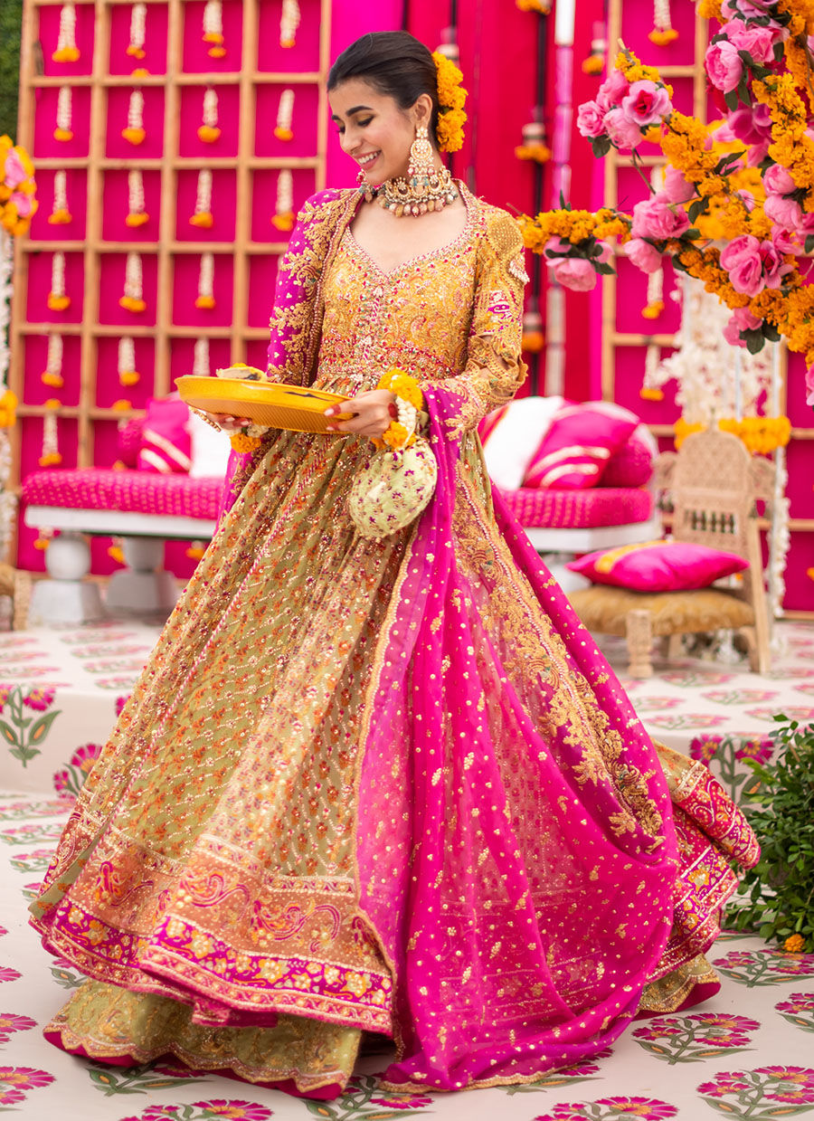 Yellow Zardozi Charmeuse Silk Kalidaar Lehenga (3-Piece) - Image 3