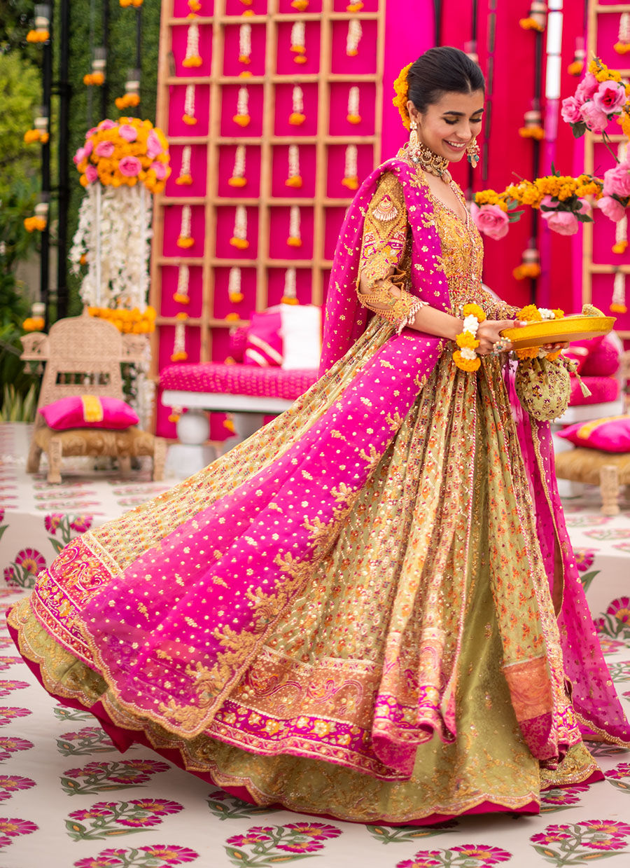Yellow Zardozi Charmeuse Silk Kalidaar Lehenga (3-Piece) - Image 4