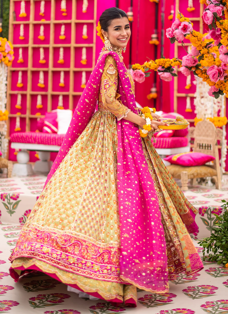 Yellow Zardozi Charmeuse Silk Kalidaar Lehenga (3-Piece) - Image 5