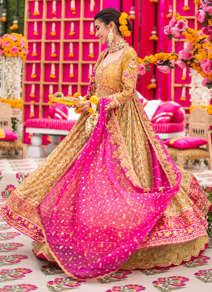 Yellow Zardozi Charmeuse Silk Kalidaar Lehenga (3-Piece) - Image 6