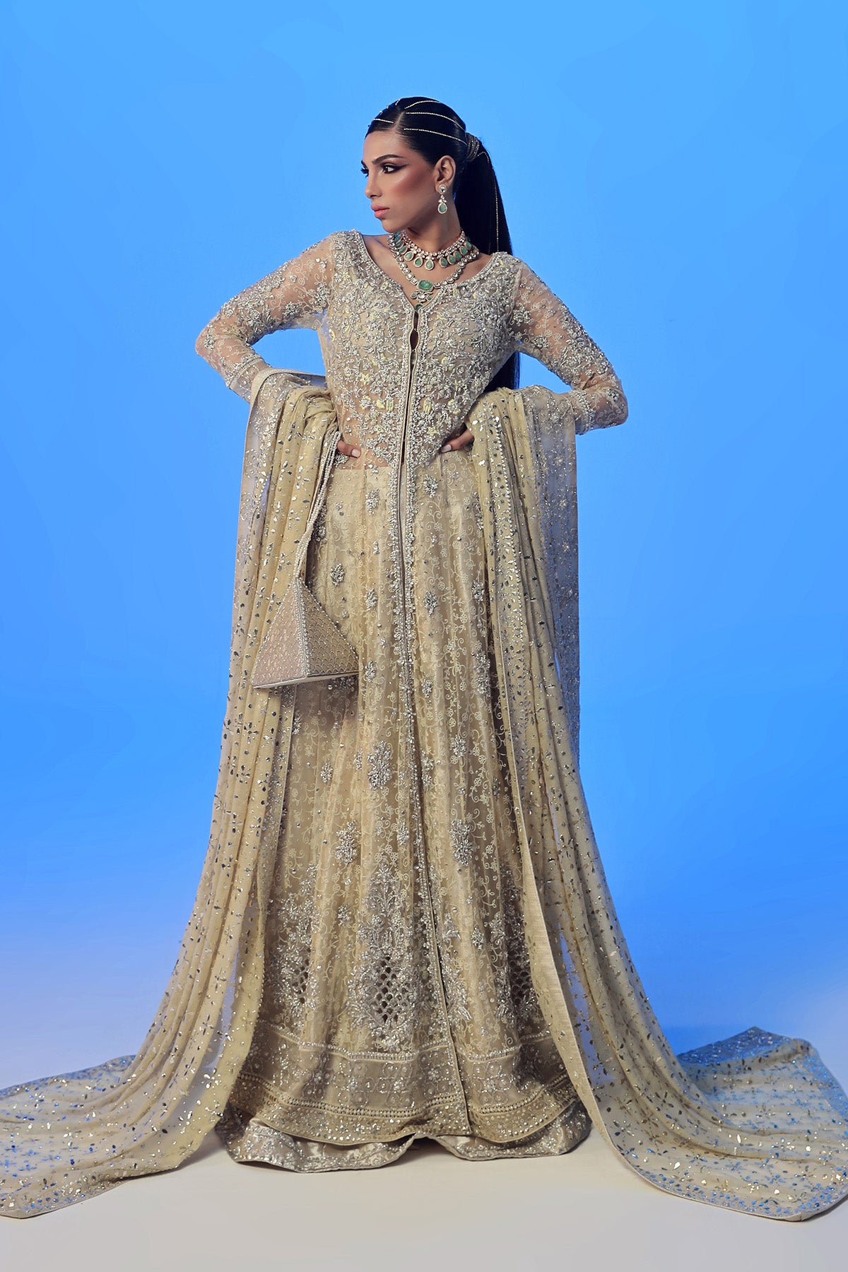 Pakistani Lemon Yellow Embellished French Net Kalidaar (3-Piece) - Image 1