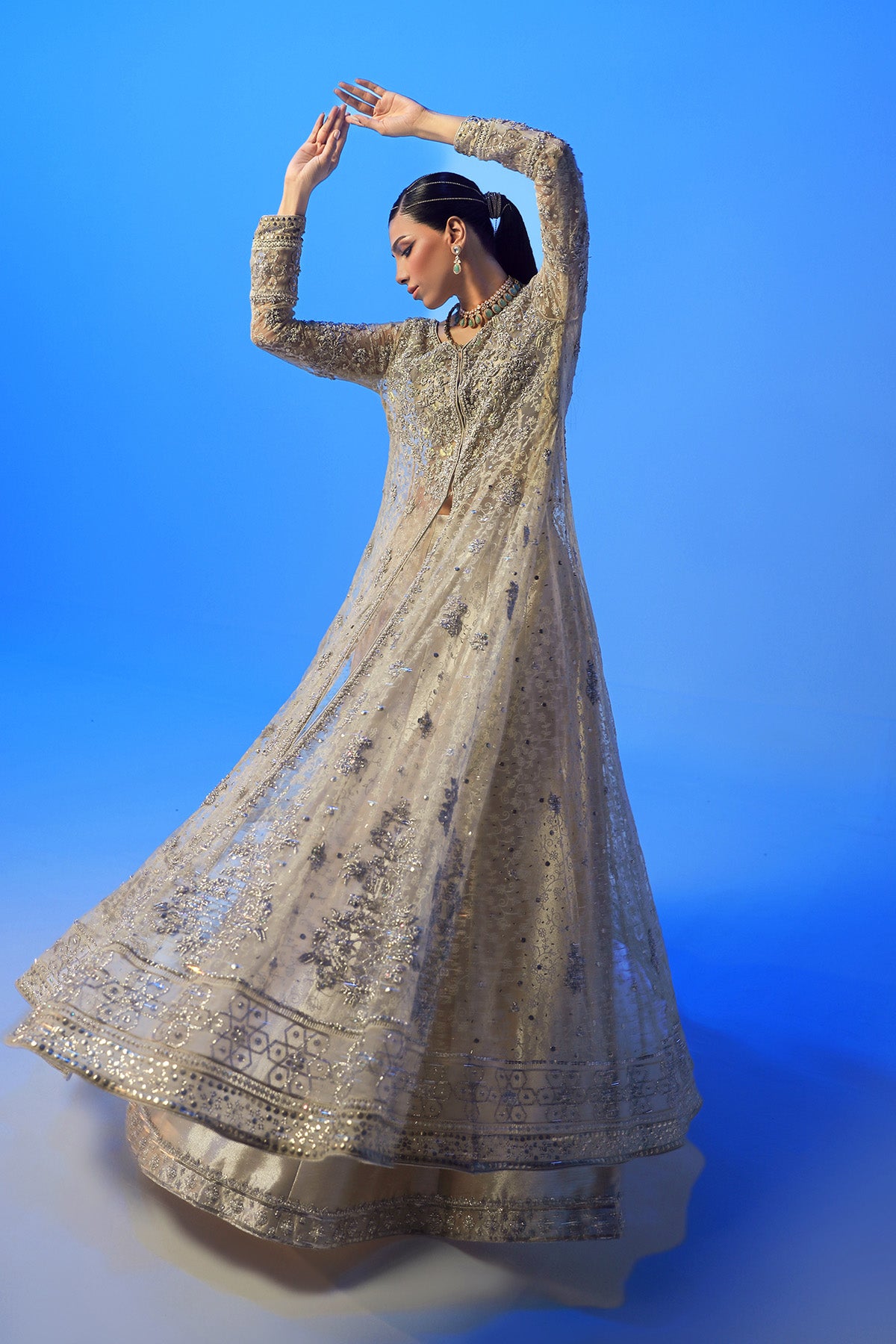 Pakistani Lemon Yellow Embellished French Net Kalidaar (3-Piece) - Image 3