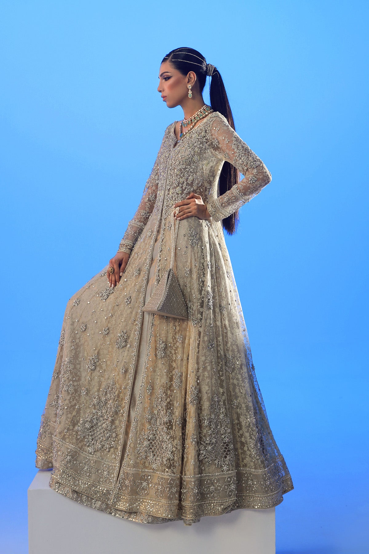 Pakistani Lemon Yellow Embellished French Net Kalidaar (3-Piece) - Image 4