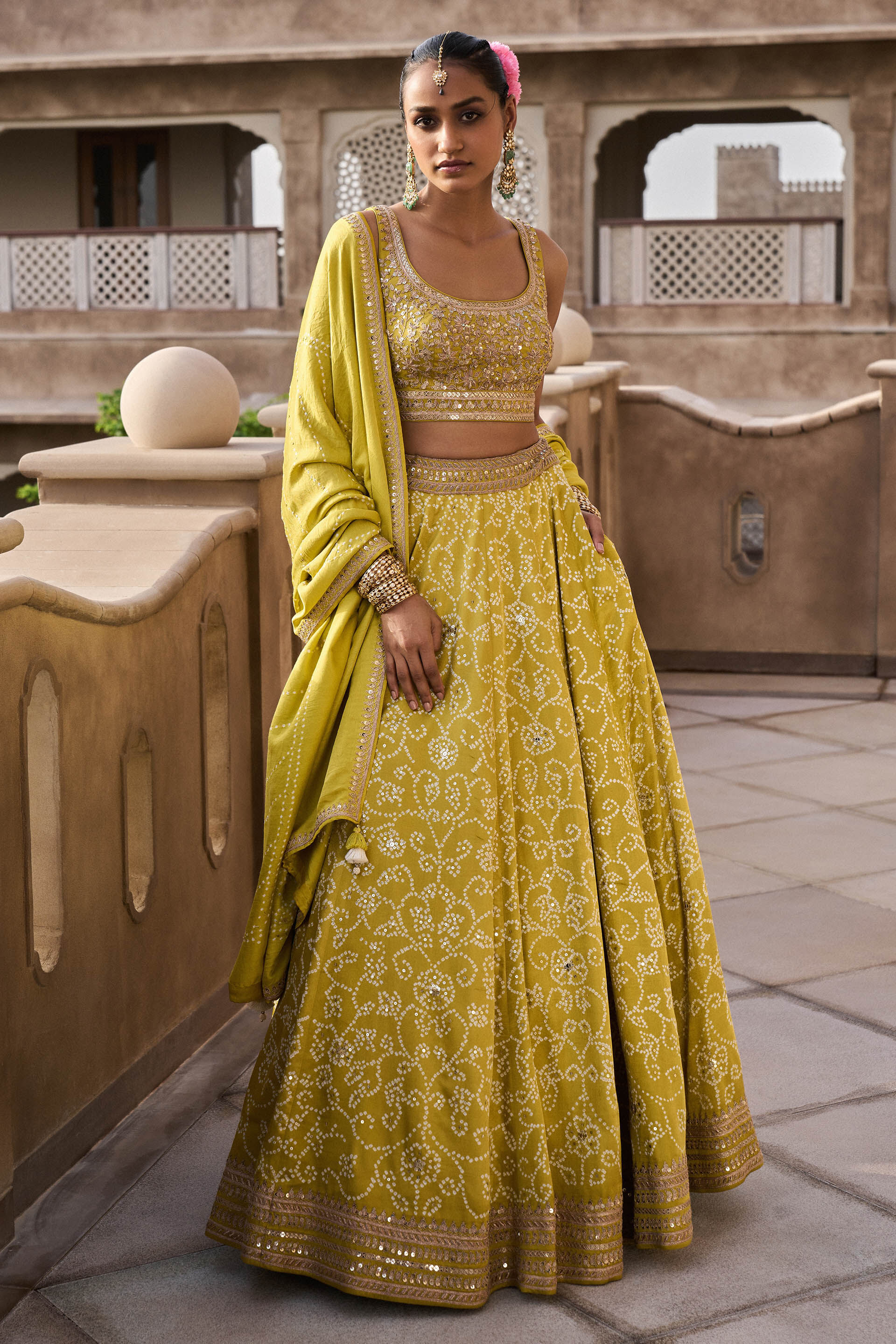 Lime Bandhani Gajji Silk Lehenga Set (3-Piece) - Image 1