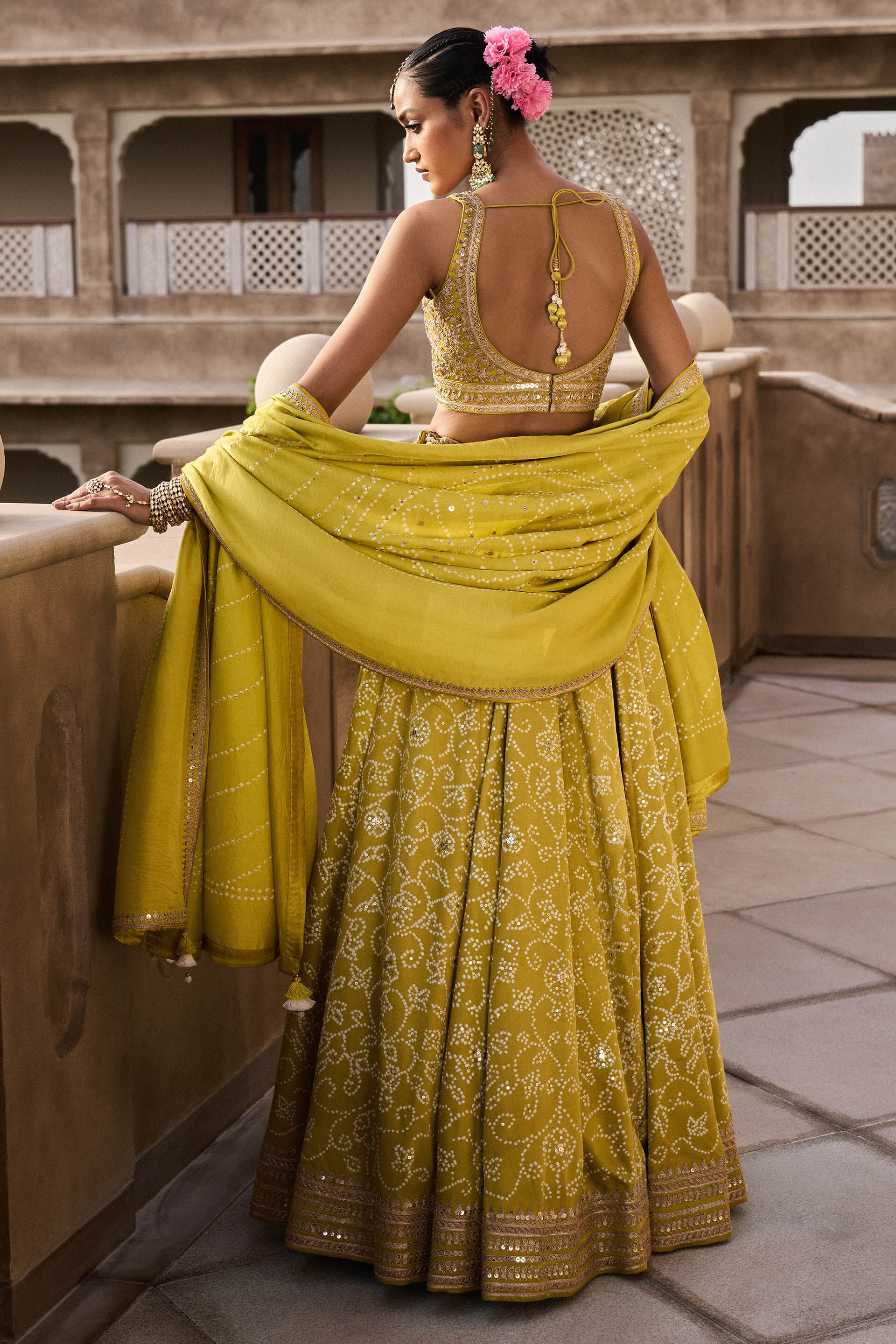 Lime Bandhani Gajji Silk Lehenga Set (3-Piece) - Image 2