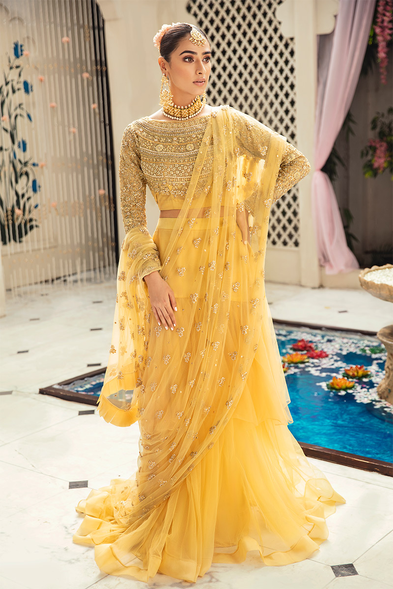 Pakistani Tartine Yellow Zardozi Georgette Lehenga (3-Piece) - Image 1
