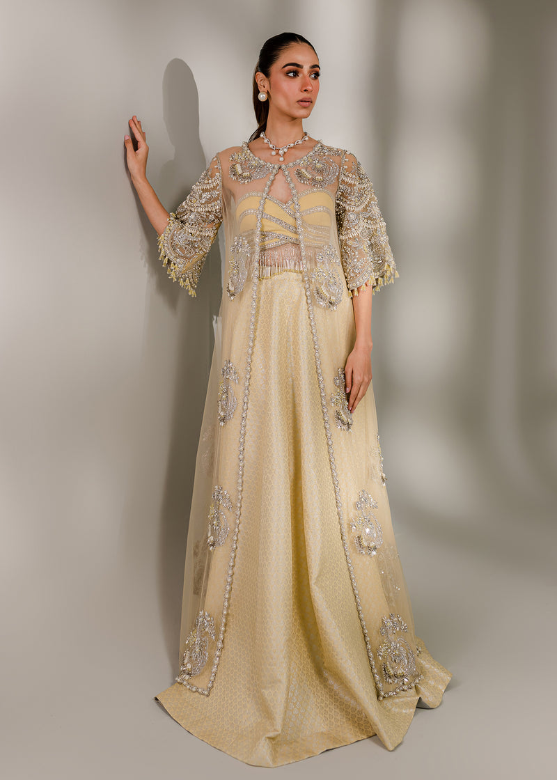 Pale Yellow Embellished Net & Banarsi Lehenga (3-Piece) - Image 1