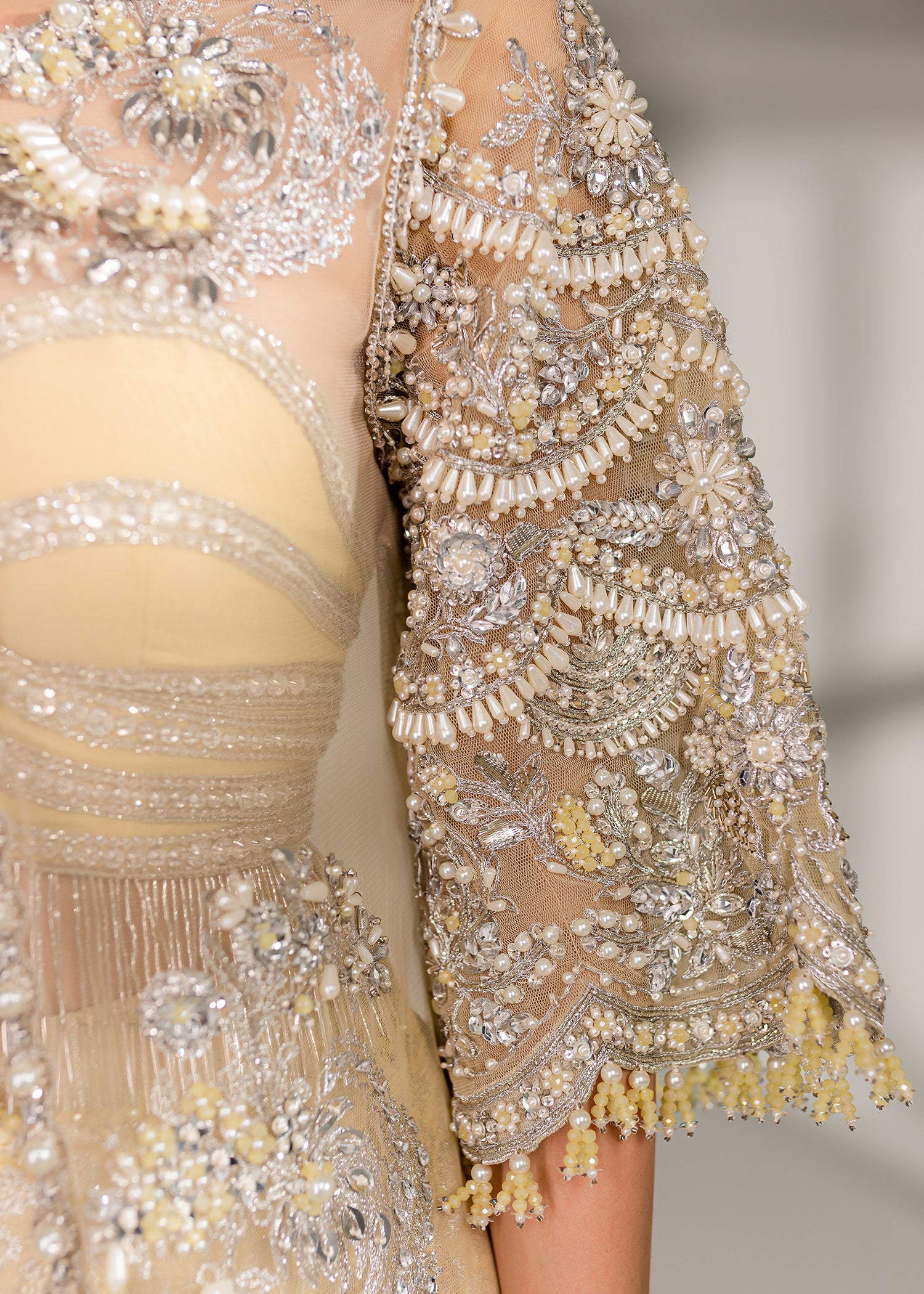 Pakistani Pale Yellow Embellished Net & Banarsi Lehenga (3-Piece) - Image 10