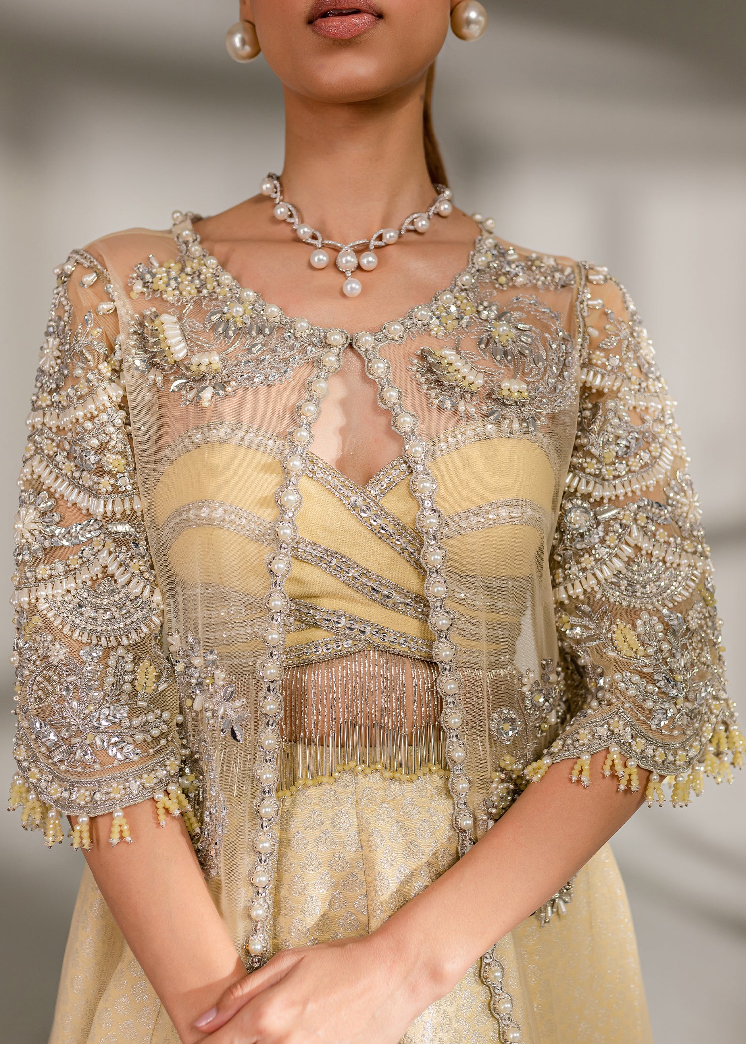 Pakistani Pale Yellow Embellished Net & Banarsi Lehenga (3-Piece) - Image 5