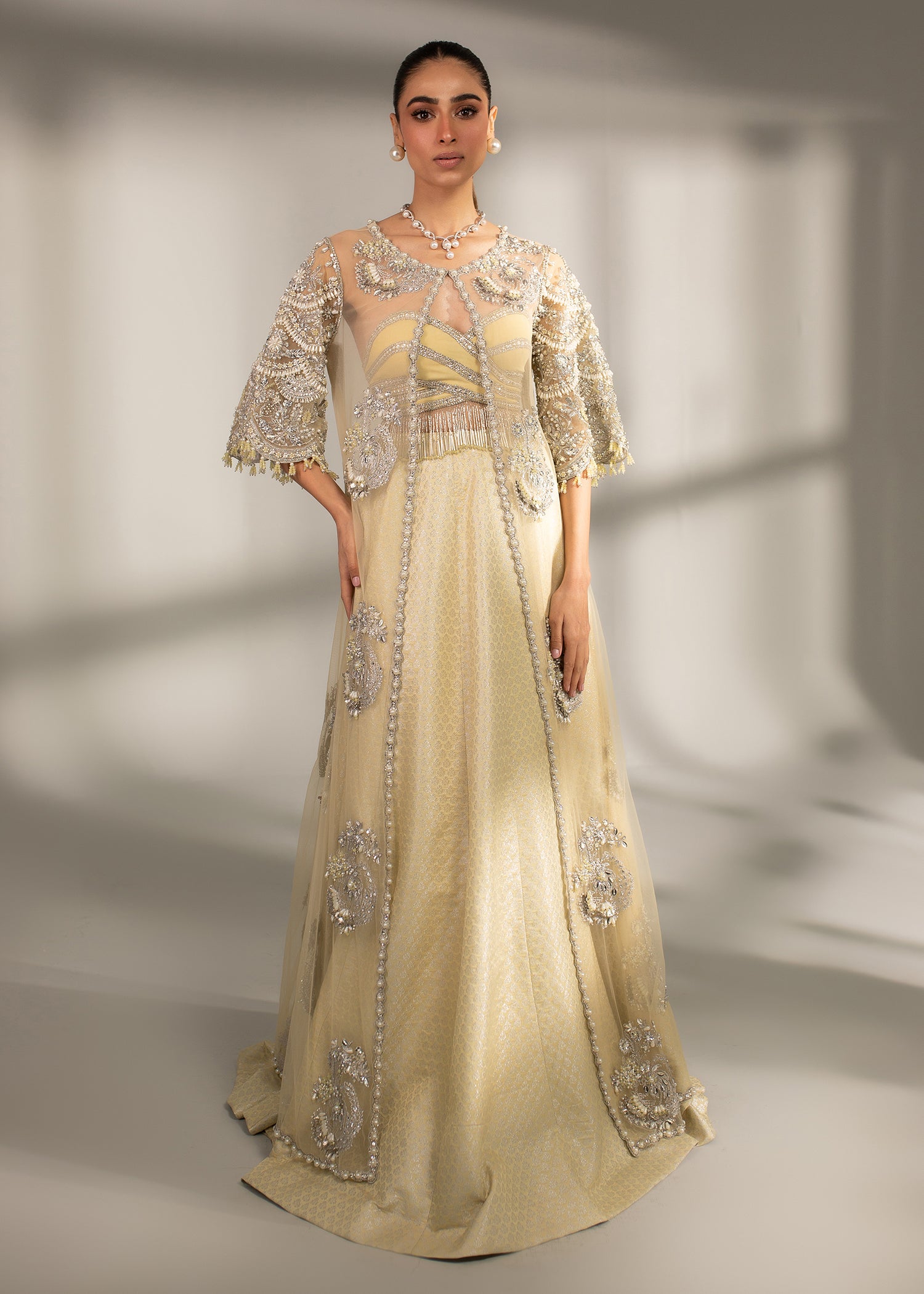 Pakistani Pale Yellow Embellished Net & Banarsi Lehenga (3-Piece) - Image 8