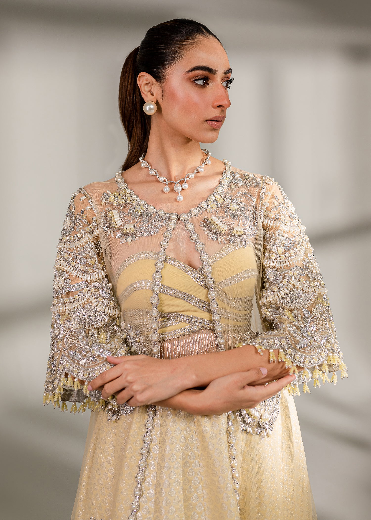 Pakistani Pale Yellow Embellished Net & Banarsi Lehenga (3-Piece) - Image 9