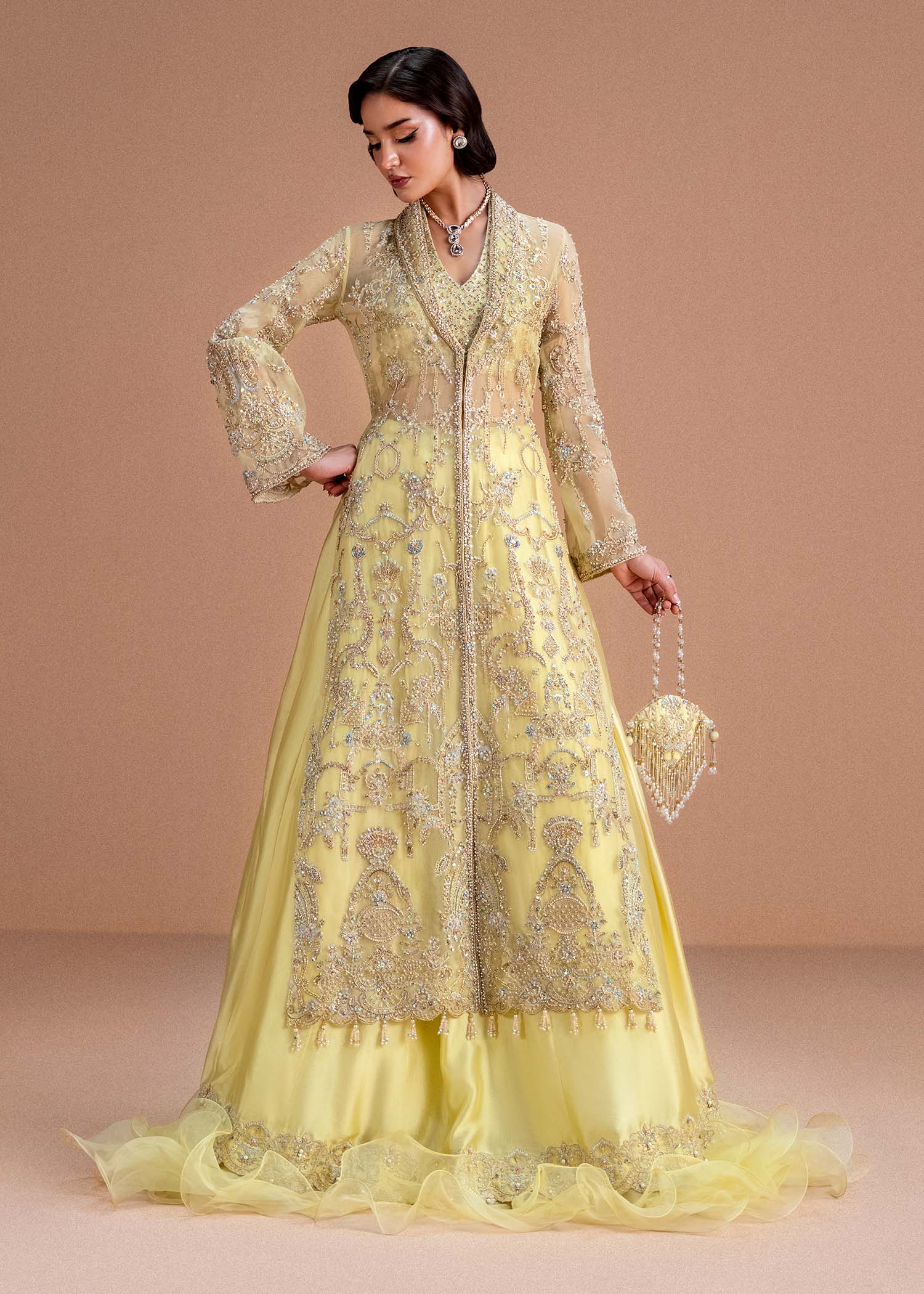 Butter Yellow Embellished Organza Jacket & Silk Lehenga (3-Piece) - Image 1