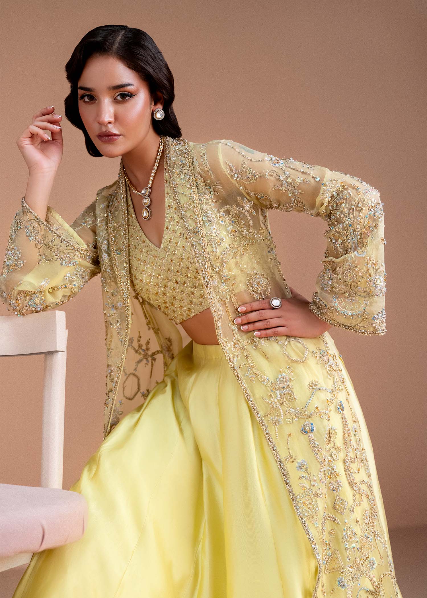 Butter Yellow Embellished Organza Jacket & Silk Lehenga (3-Piece) - Image 4