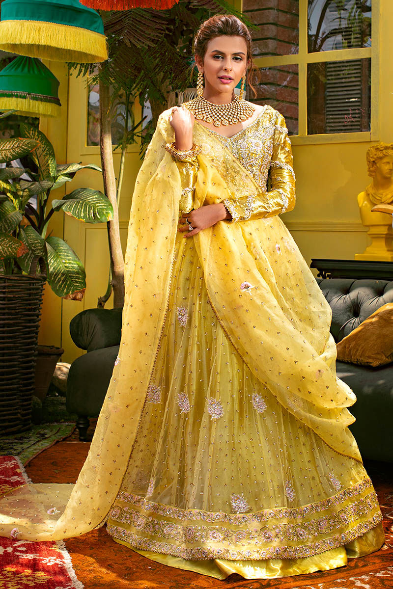 Pakistani Sunflower Yellow Embroidered Metallic Tissue Lehenga (3-Piece) - Image 1
