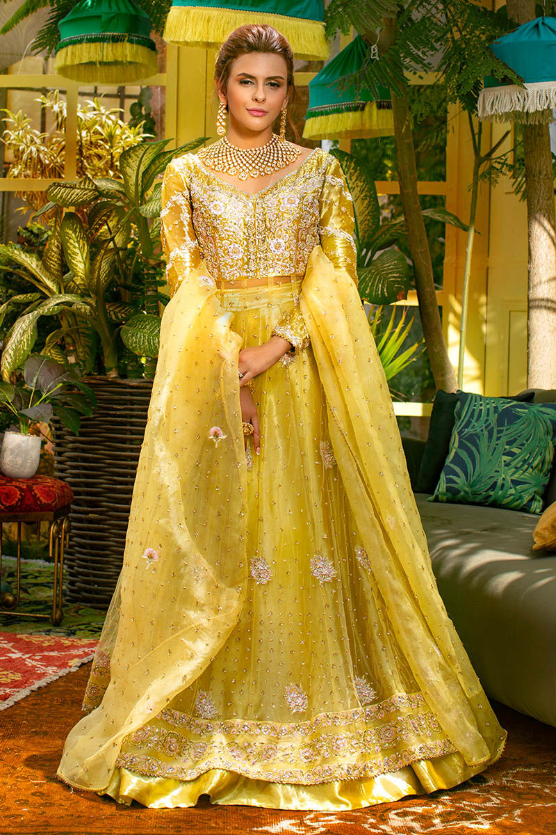 Pakistani Sunflower Yellow Embroidered Metallic Tissue Lehenga (3-Piece) - Image 2