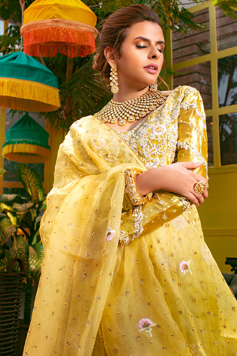 Pakistani Sunflower Yellow Embroidered Metallic Tissue Lehenga (3-Piece) - Image 3