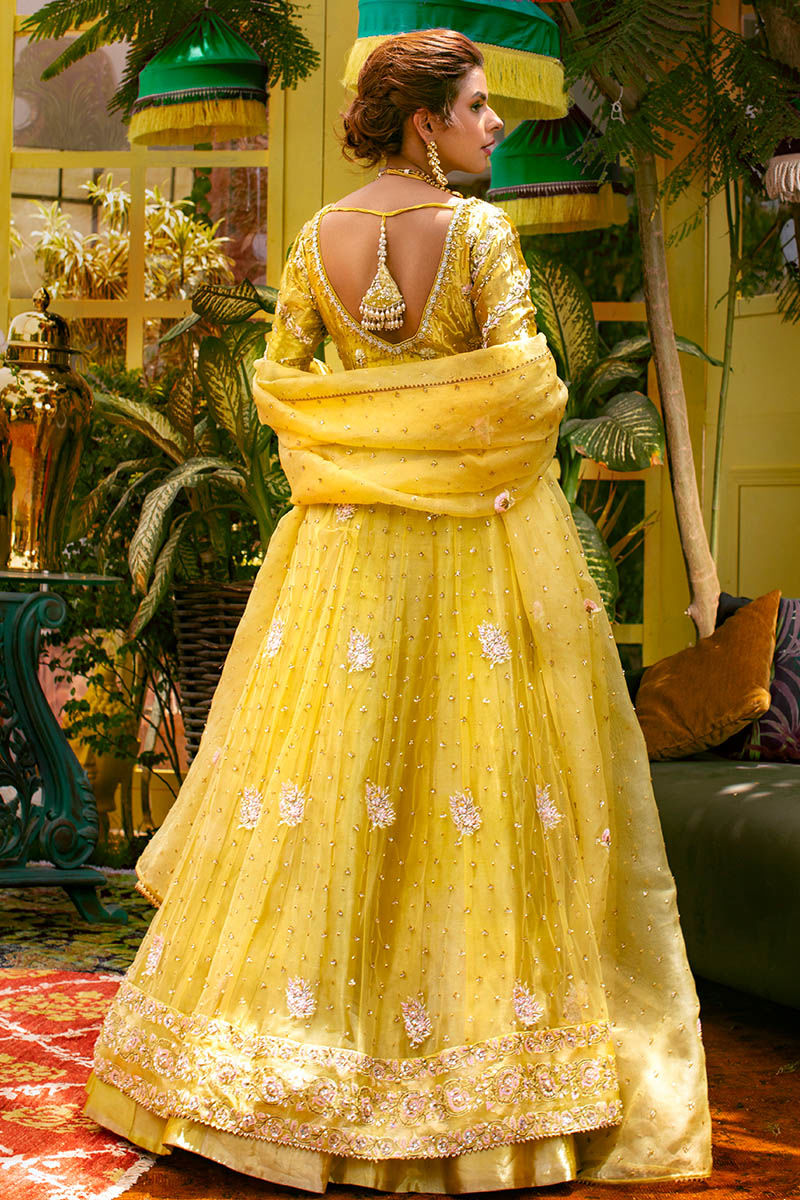 Pakistani Sunflower Yellow Embroidered Metallic Tissue Lehenga (3-Piece) - Image 4