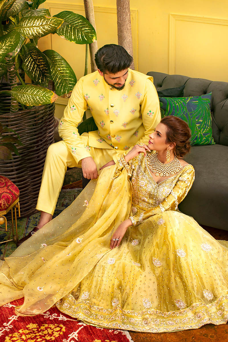 Pakistani Sunflower Yellow Embroidered Metallic Tissue Lehenga (3-Piece) - Image 5