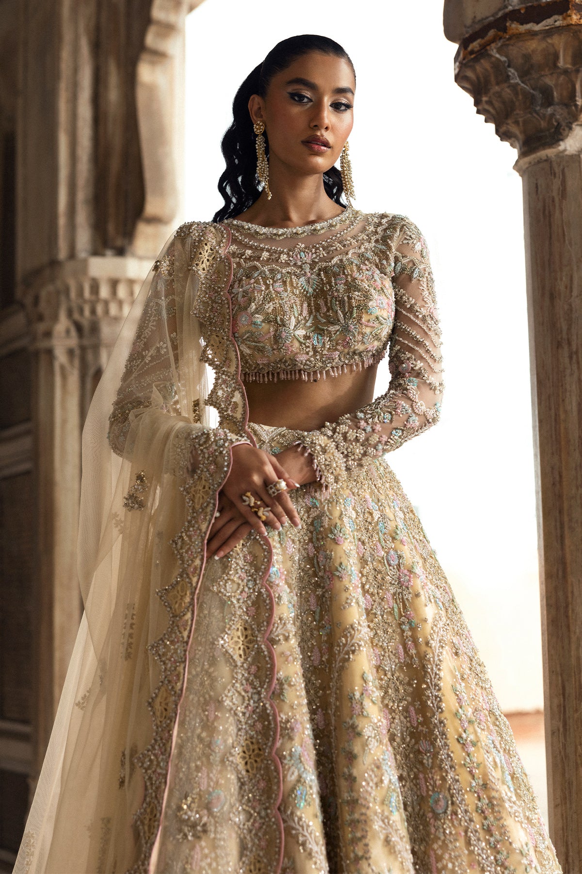 Light Yellow Embroidered Net Lehenga (3-Piece) - Image 10