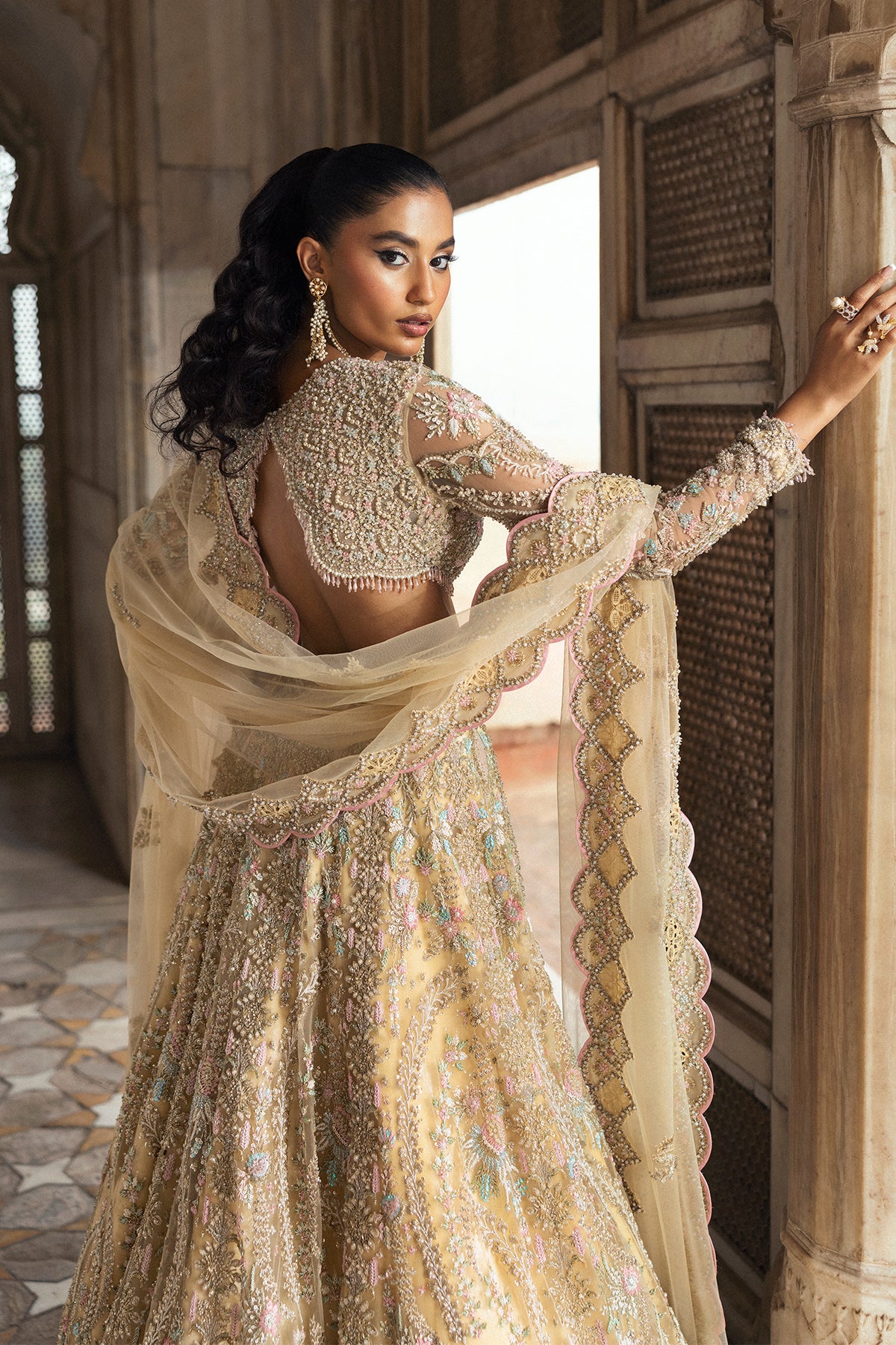 Light Yellow Embroidered Net Lehenga (3-Piece) - Image 11